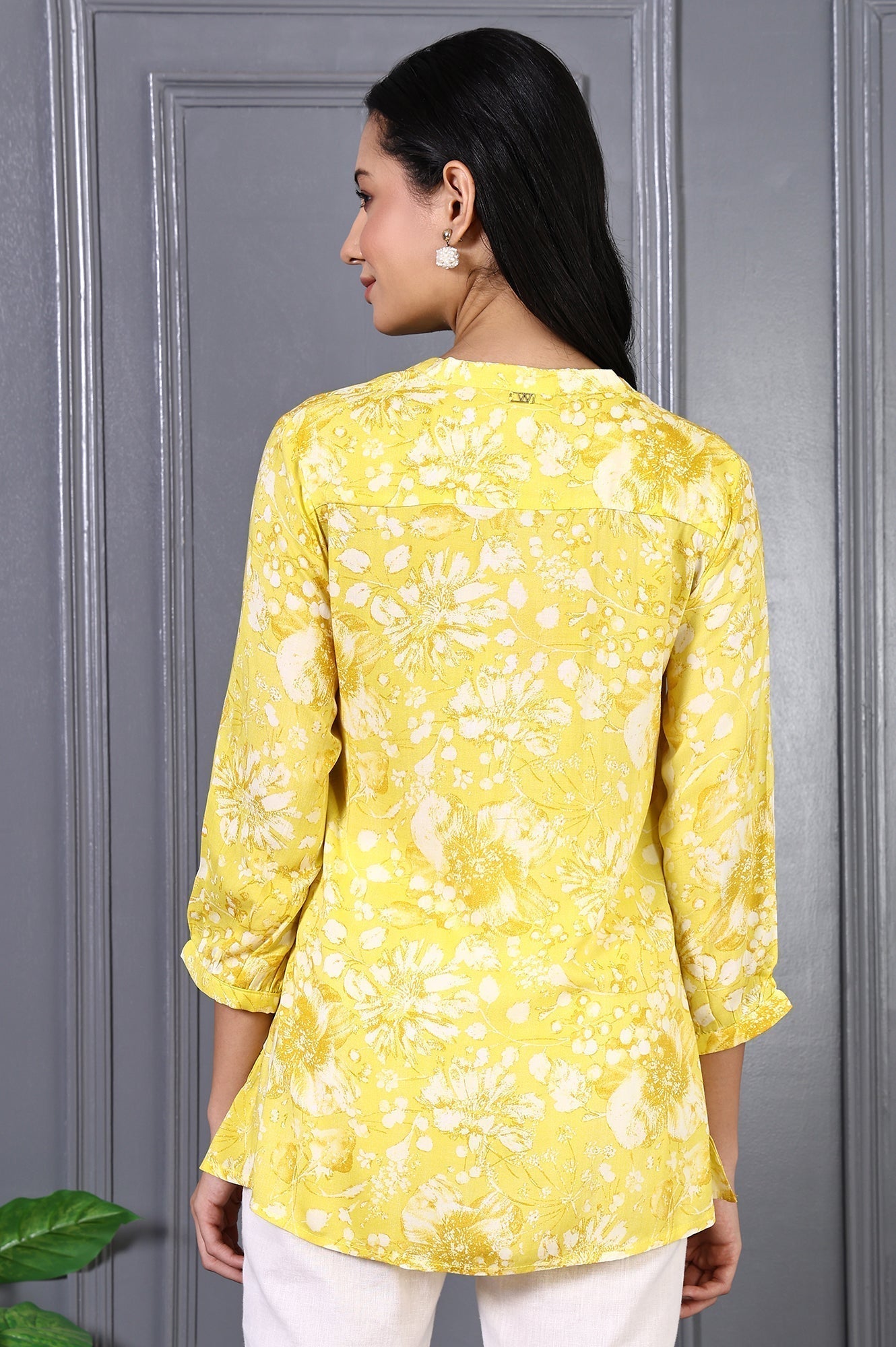 W for Woman Yellow Floral Printed Modal Straight Top  Grab2Buy WforWoman Grab2Buy