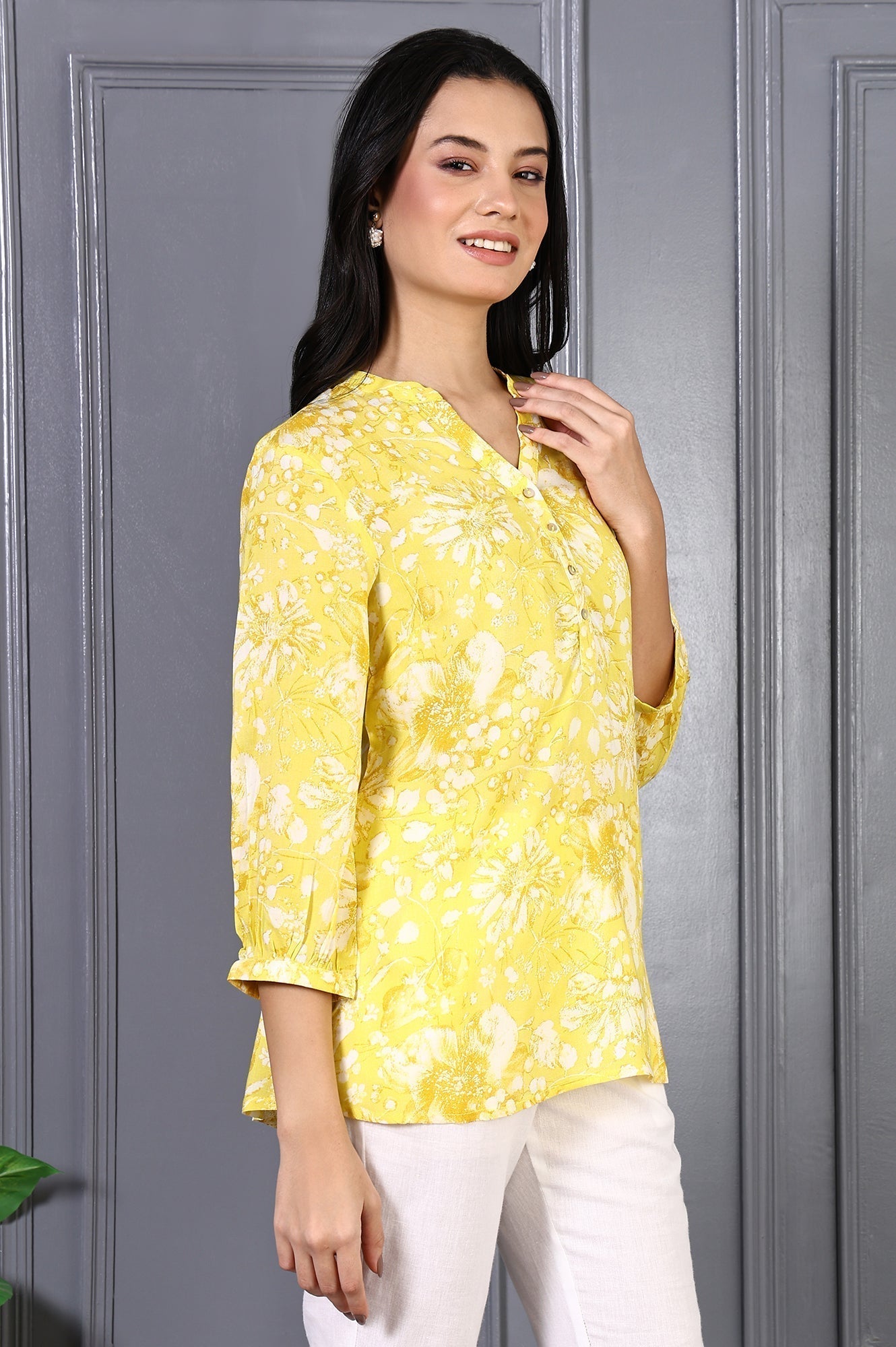 W for Woman Yellow Floral Printed Modal Straight Top  Grab2Buy WforWoman Grab2Buy