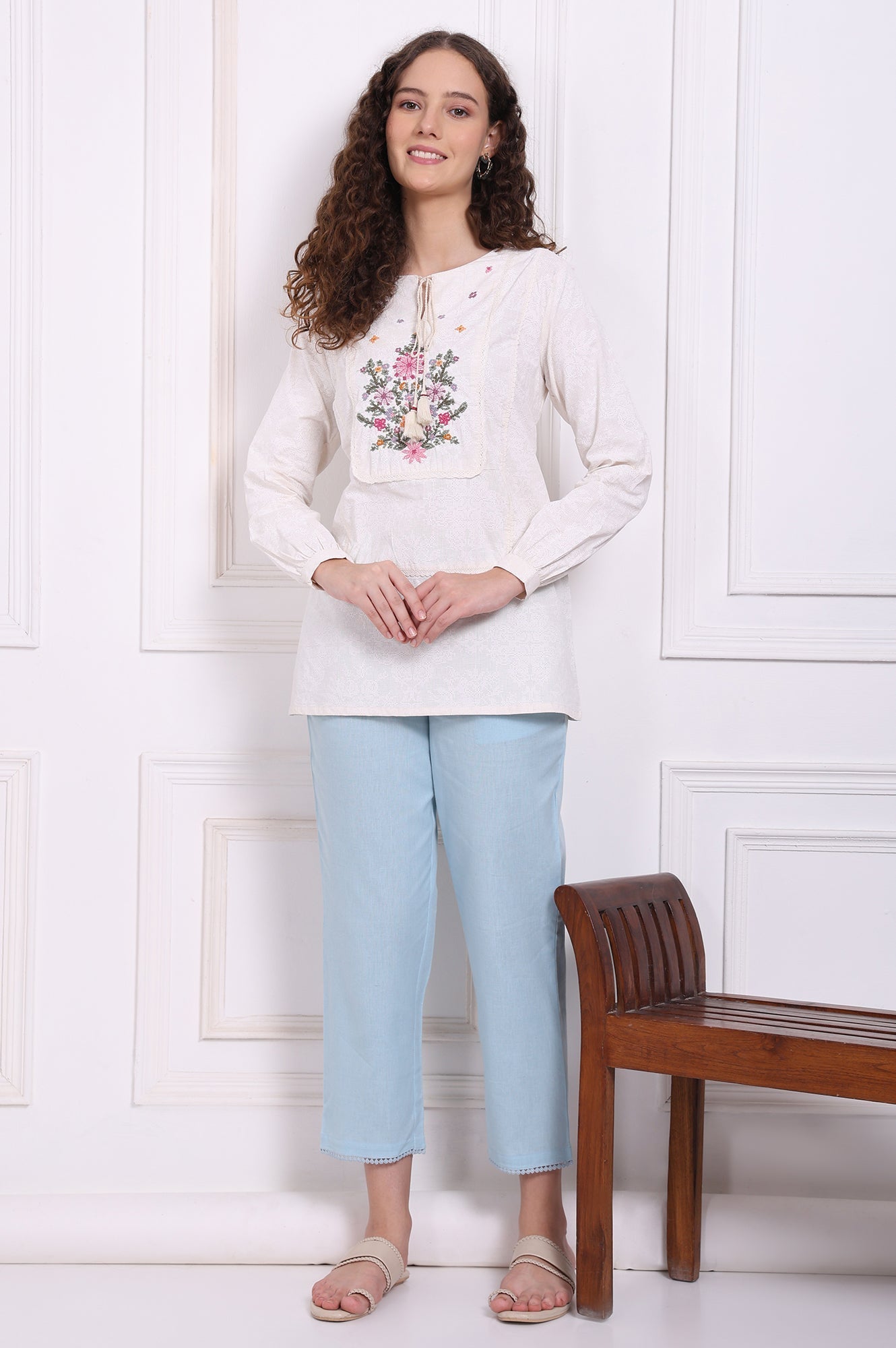 W for Woman White Embroidered Pure Cotton Top with Lace  Grab2Buy WforWoman Grab2Buy