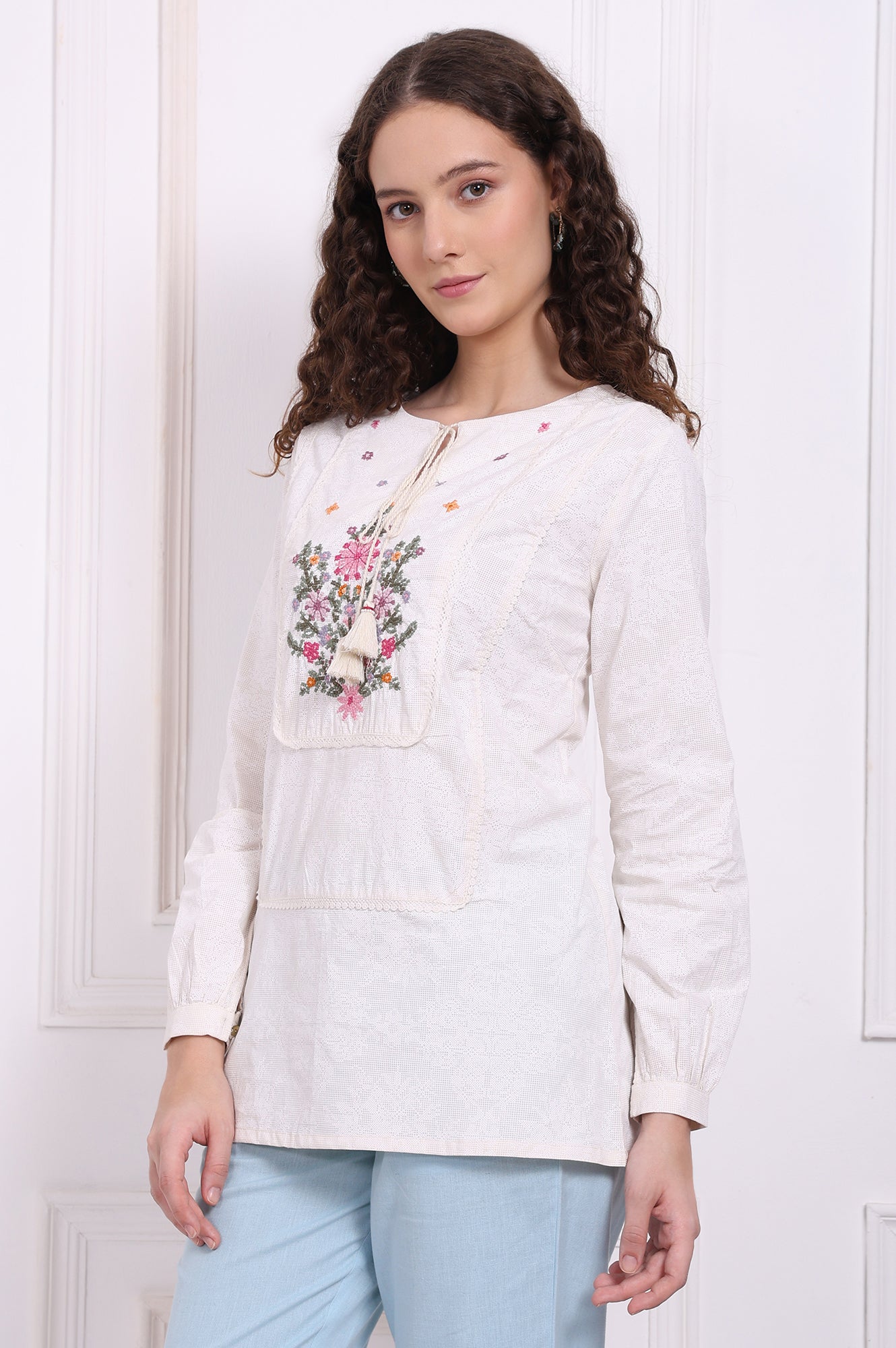W for Woman White Embroidered Pure Cotton Top with Lace  Grab2Buy WforWoman Grab2Buy
