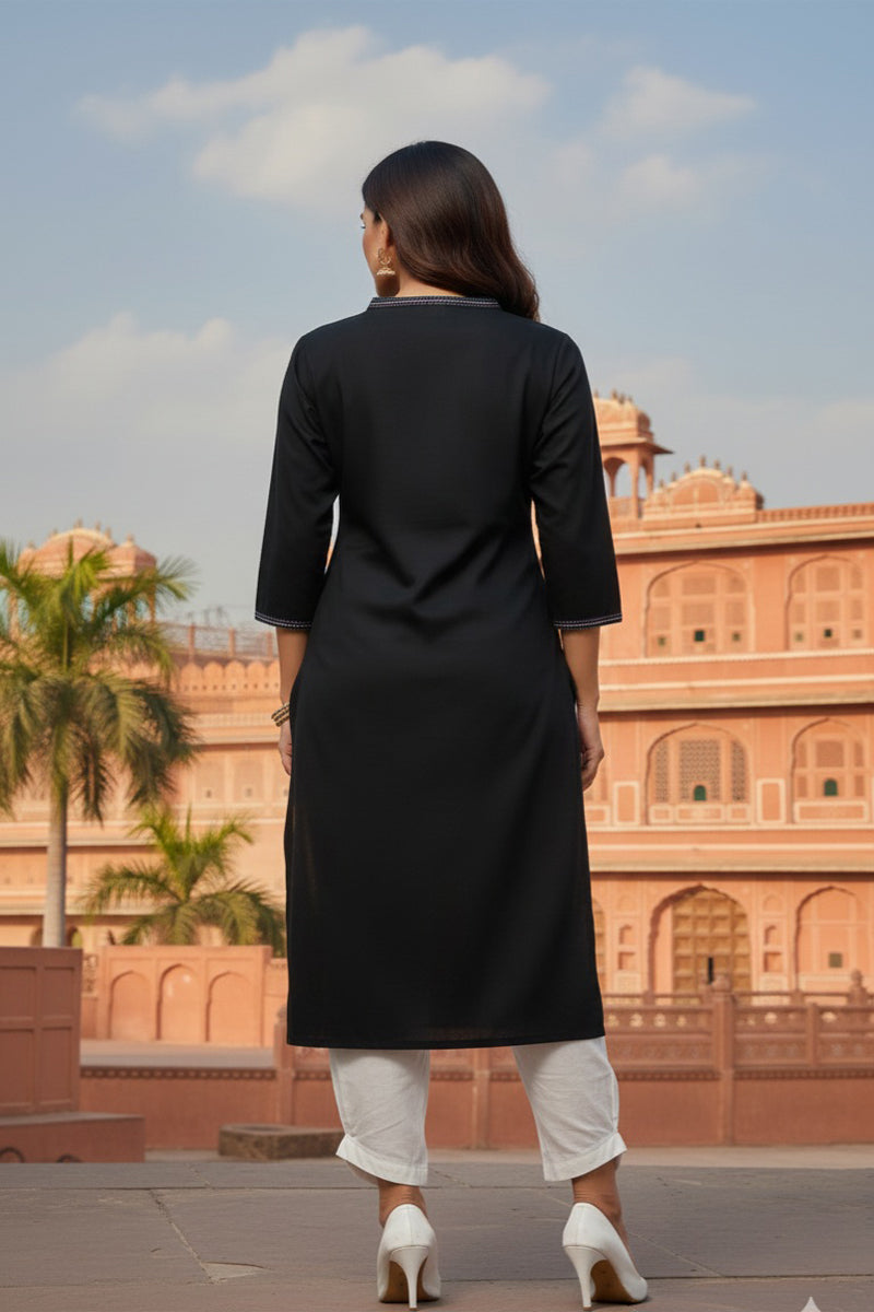 SRS Fashion Black Embroidered Rayon Straight Kurta Set