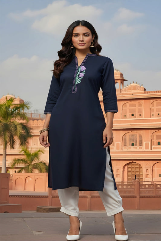 SRS Fashion Blue Embroidered Rayon Straight Kurta Set