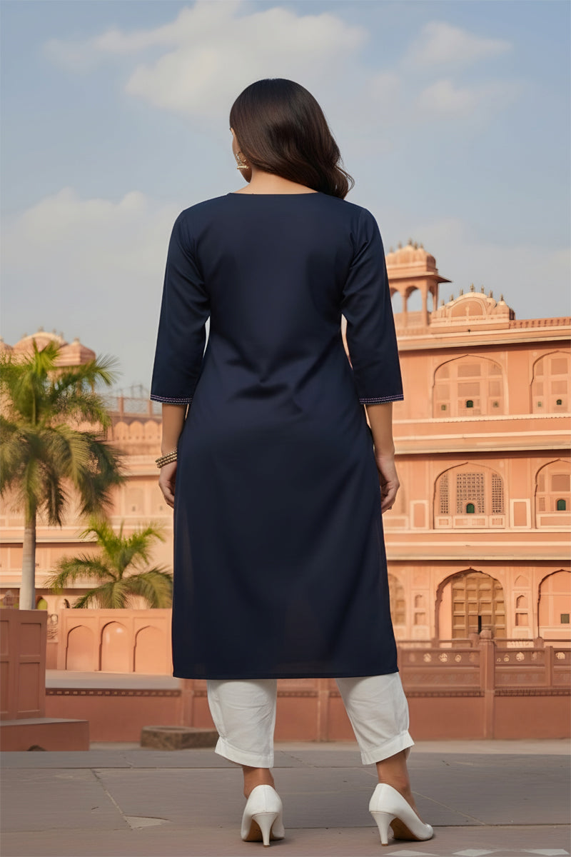 SRS Fashion Blue Embroidered Rayon Straight Kurta Set