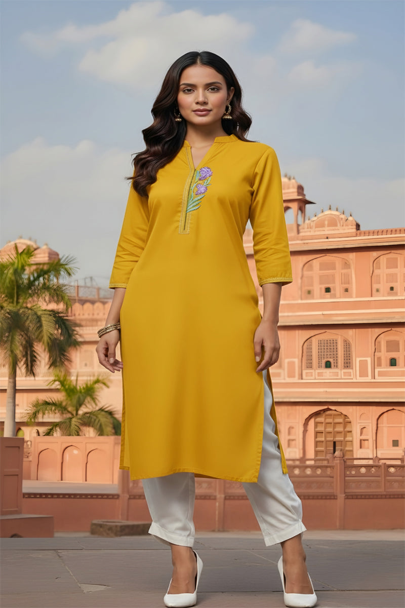 SRS Fashion Yellow Embroidered Rayon Straight Kurta Set