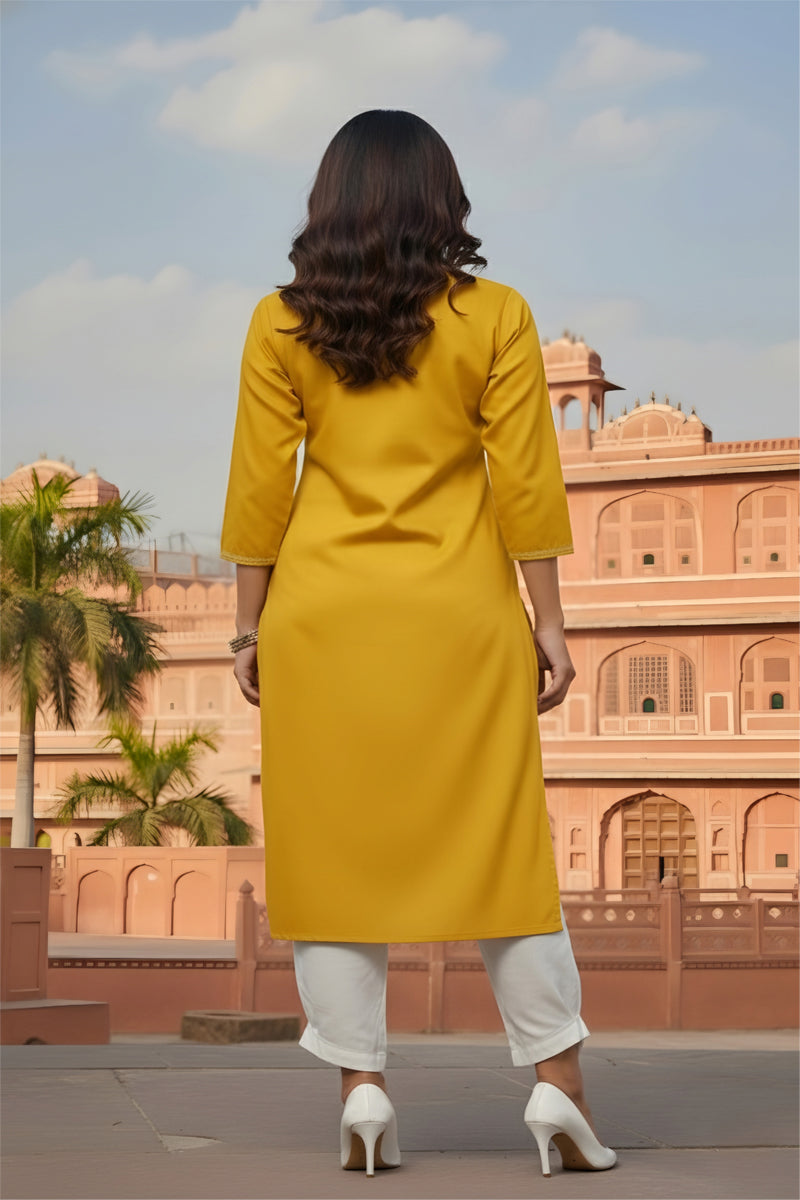 SRS Fashion Yellow Embroidered Rayon Straight Kurta Set