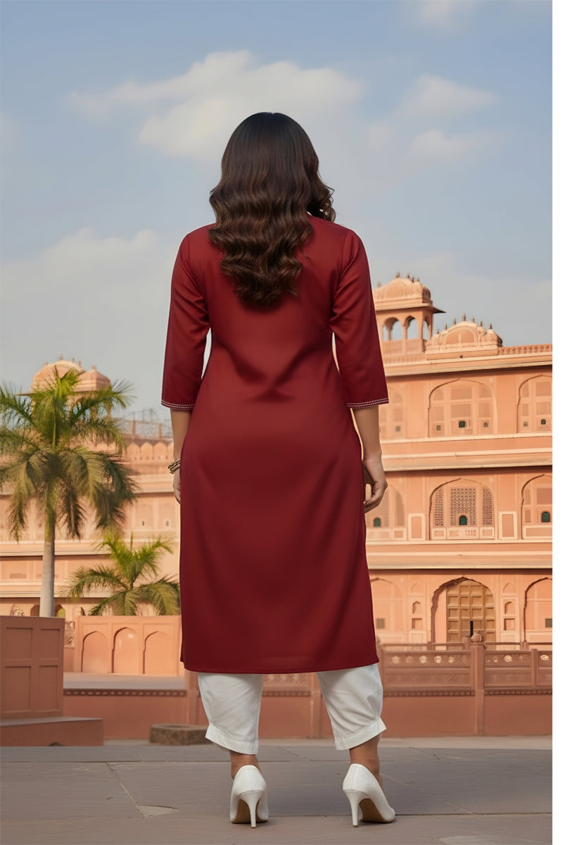 SRS Fashion Red Embroidered Rayon Straight Kurta Set