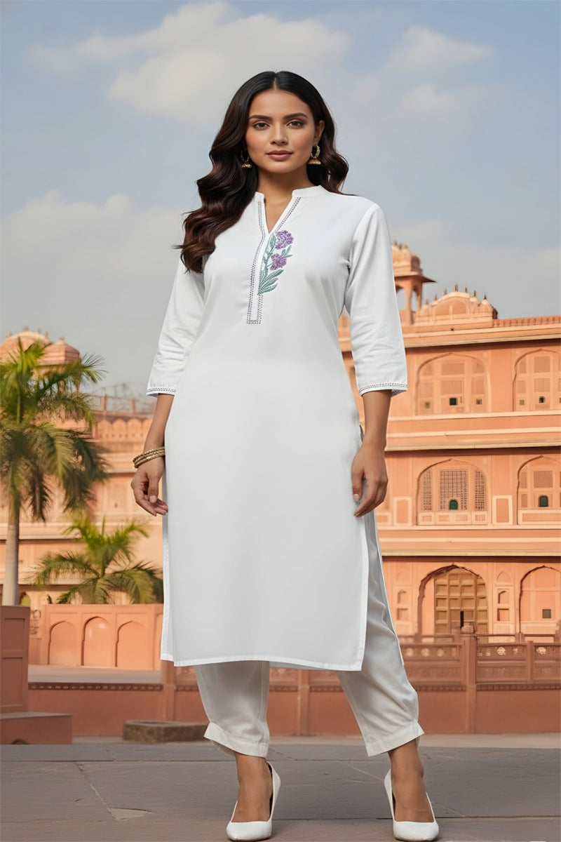 SRS Fashion White Embroidered Rayon Straight Kurta Set