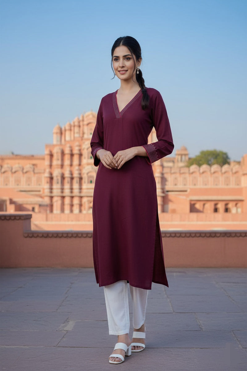 SRS Fashion Red Embroidered Rayon Straight Kurta Set