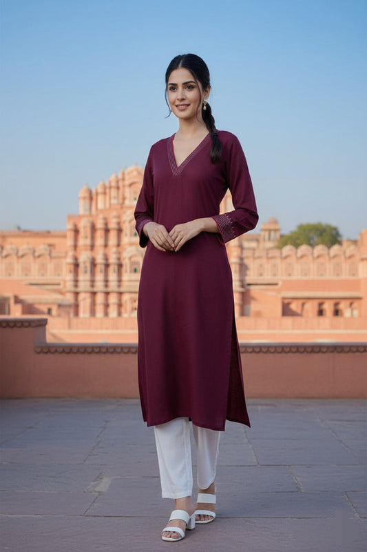 SRS Fashion Red Embroidered Rayon Straight Kurta Set