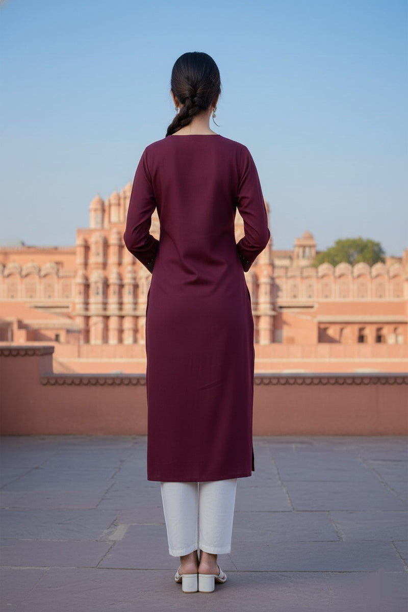 SRS Fashion Red Embroidered Rayon Straight Kurta Set