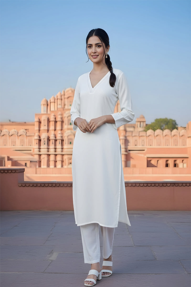 SRS Fashion White Embroidered Rayon Straight Kurta Set