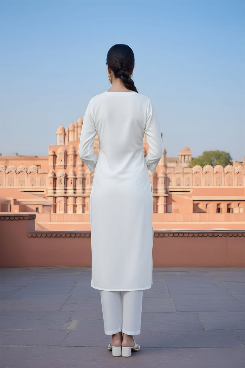 SRS Fashion White Embroidered Rayon Straight Kurta Set