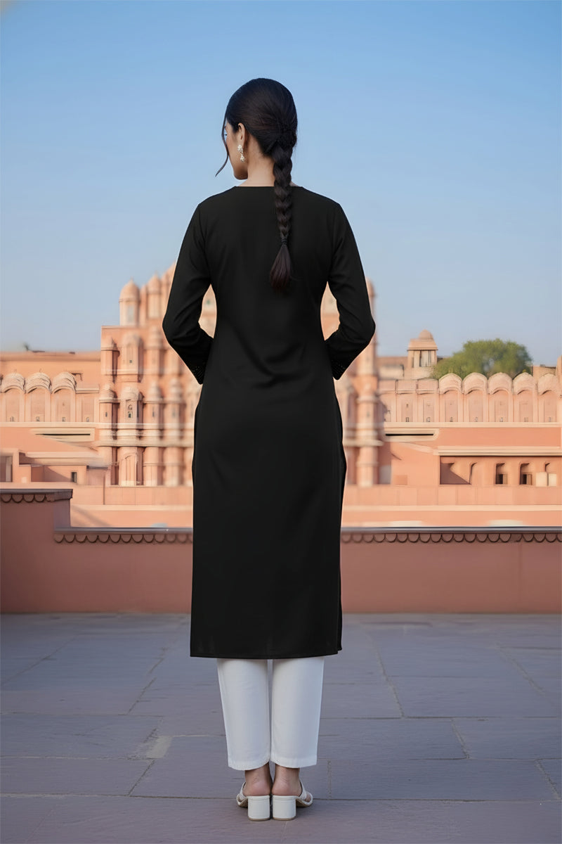 SRS Fashion Black Embroidered Rayon Straight Kurta Set