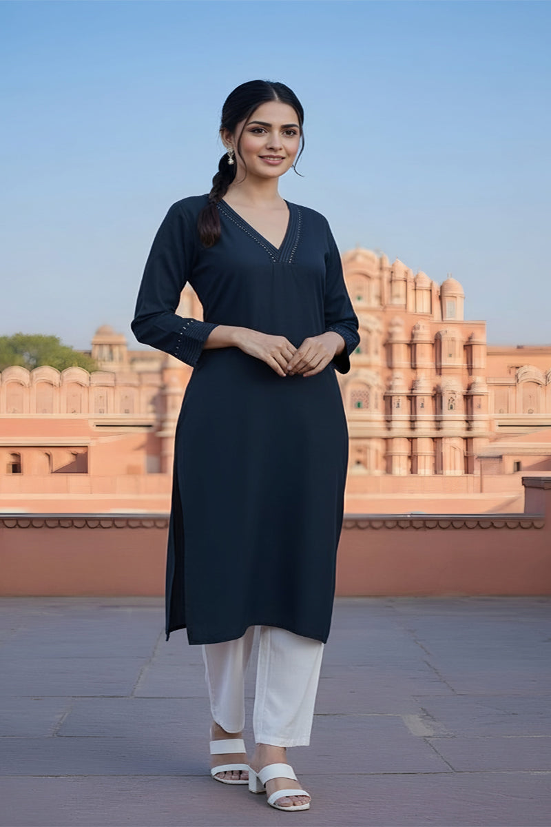 SRS Fashion Blue Embroidered Rayon Straight Kurta Set