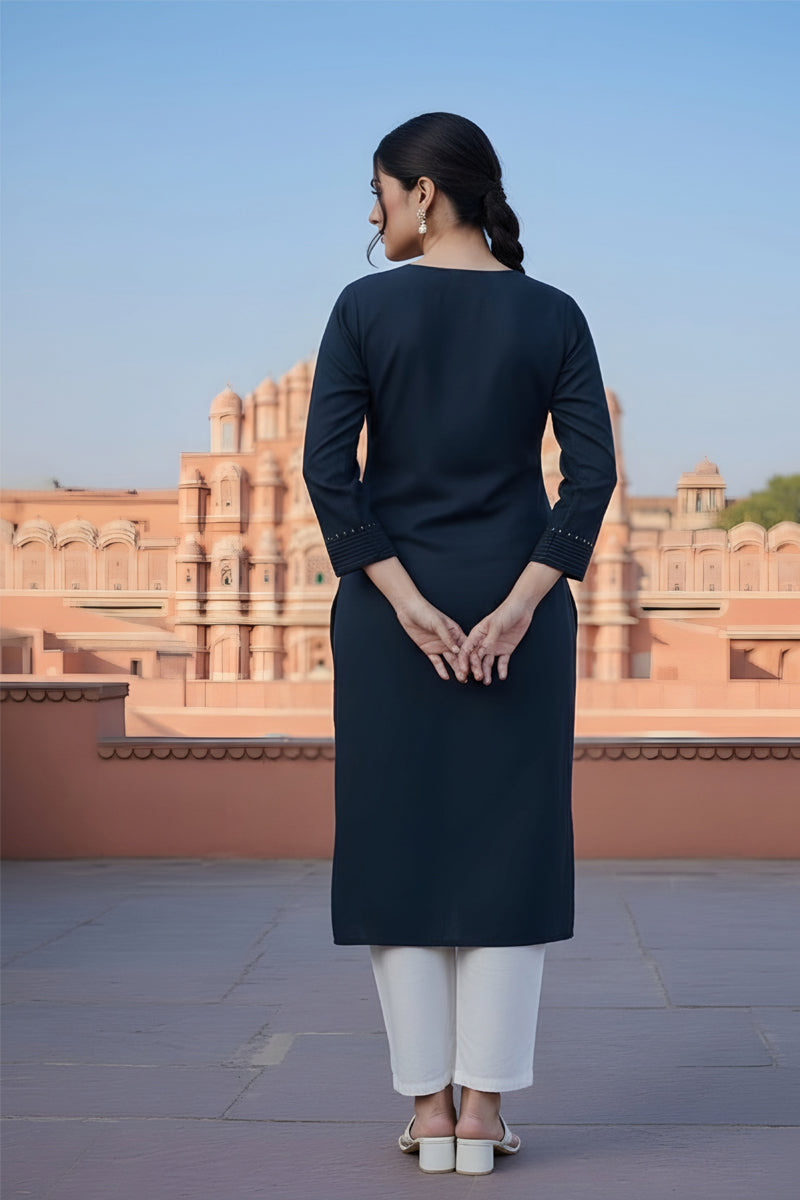 SRS Fashion Blue Embroidered Rayon Straight Kurta Set