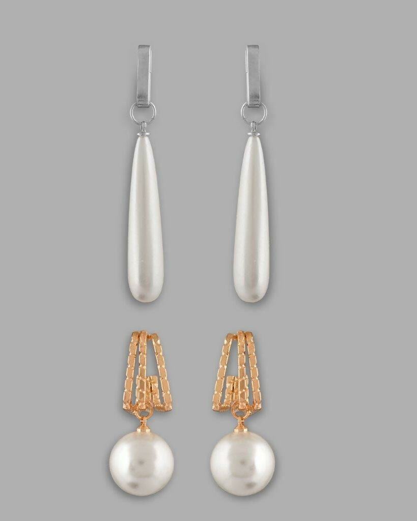VOJ Set Of 2 Korean Drop Earrings - Gold Plated and Silver Plated With White Pearl - Grab2buy