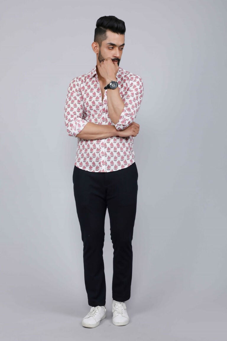 Miravan Men's White & Pink Spread Collar Floral Print Shirt 