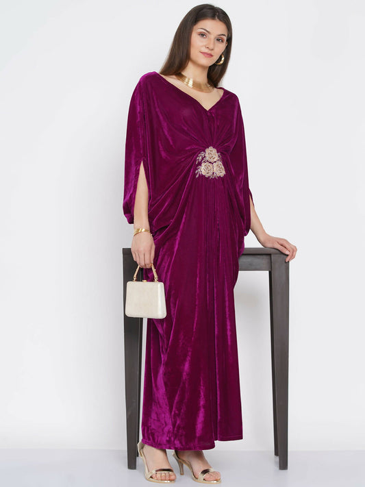 Women Republic Wine Velvet Embroiderd Gown - Grab2buy