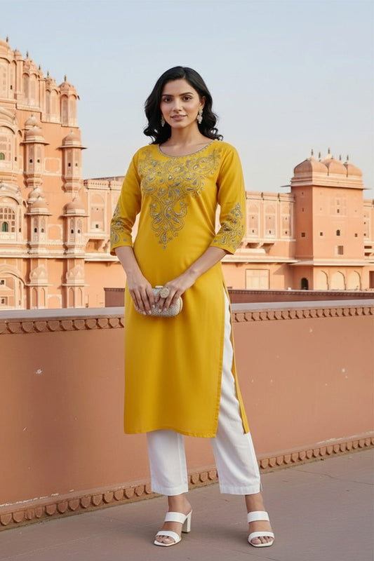SRS Fashion Yellow Embroidered Rayon Straight Kurta Set