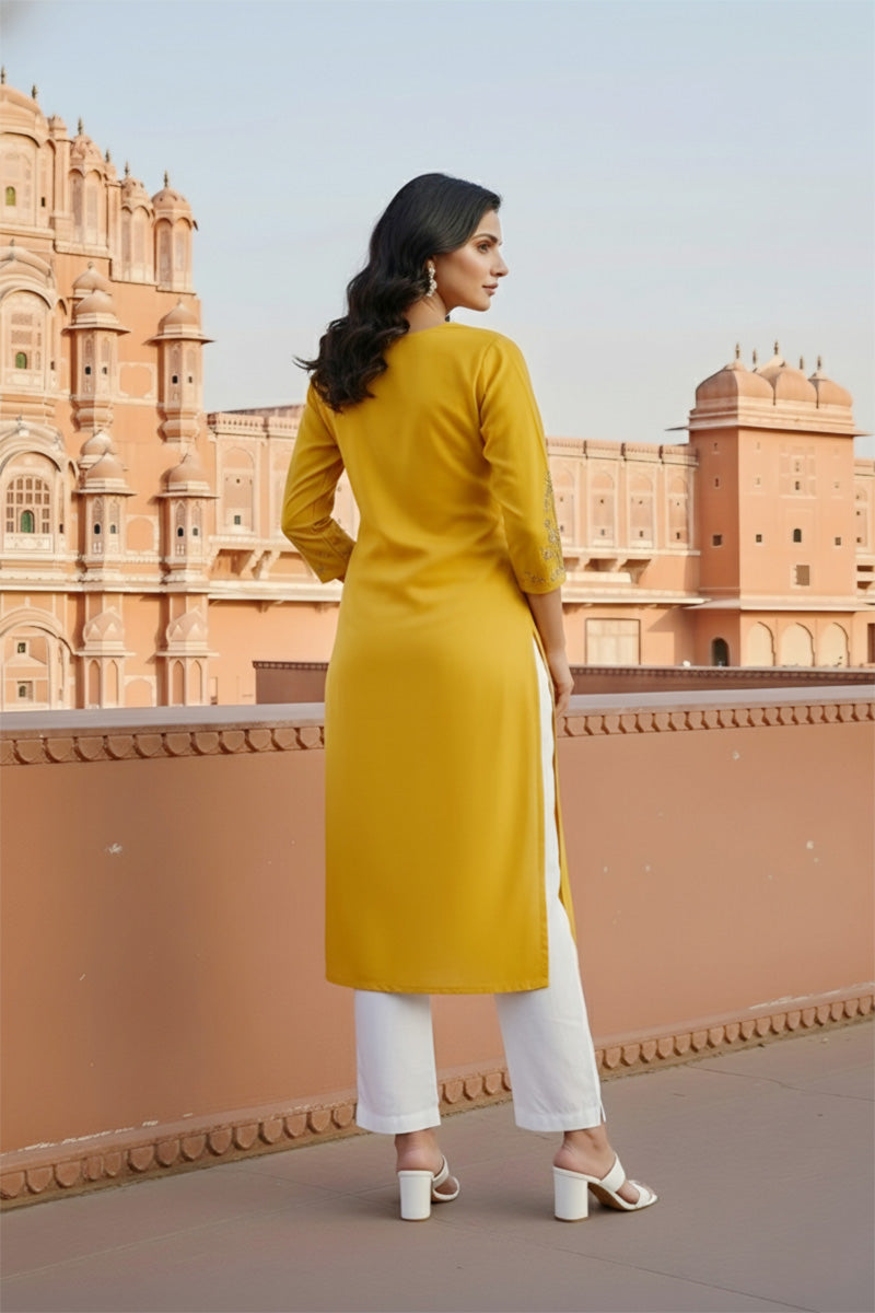 SRS Fashion Yellow Embroidered Rayon Straight Kurta Set