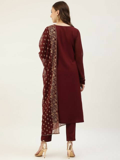 FIORRA Women's Maroon Poly Crepe Straight Kurta Pant With Dupatta 