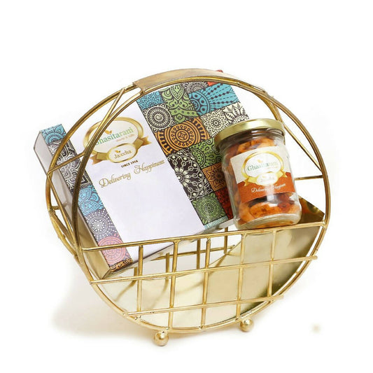 Ghasitaram Half Moon Metal Basket of Mix Dryfruits, Assorted Bites 