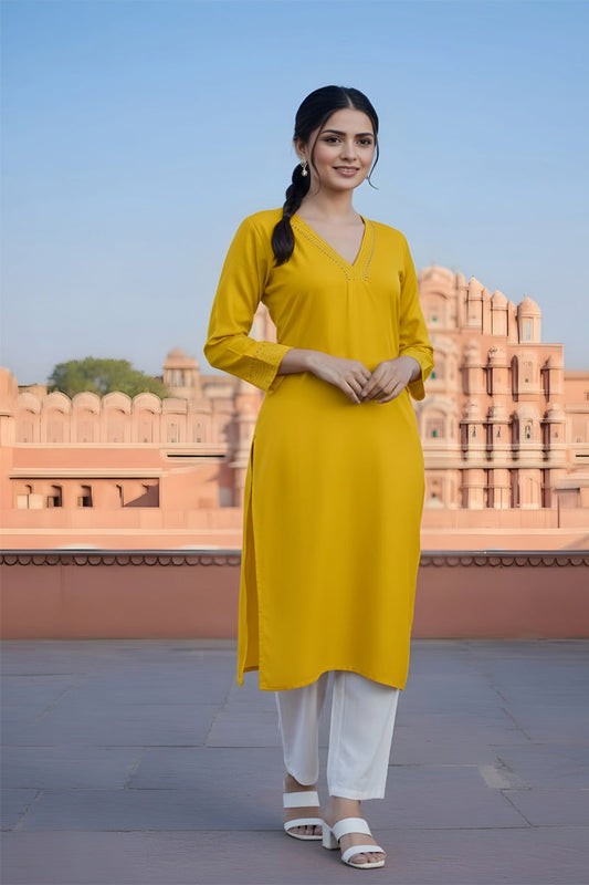 SRS Fashion Yellow Embroidered Rayon Straight Kurta Set