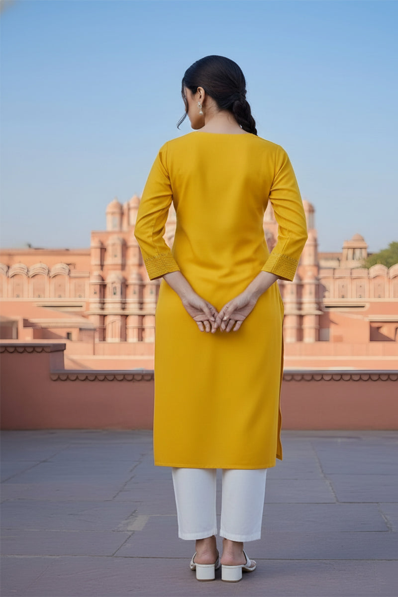 SRS Fashion Yellow Embroidered Rayon Straight Kurta Set