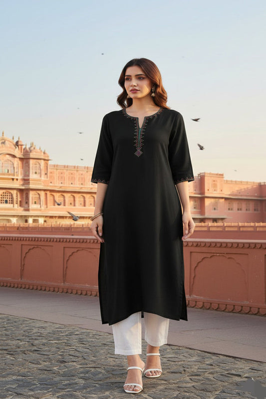 SRS Fashion Black Embroidered Rayon Straight Kurta Set