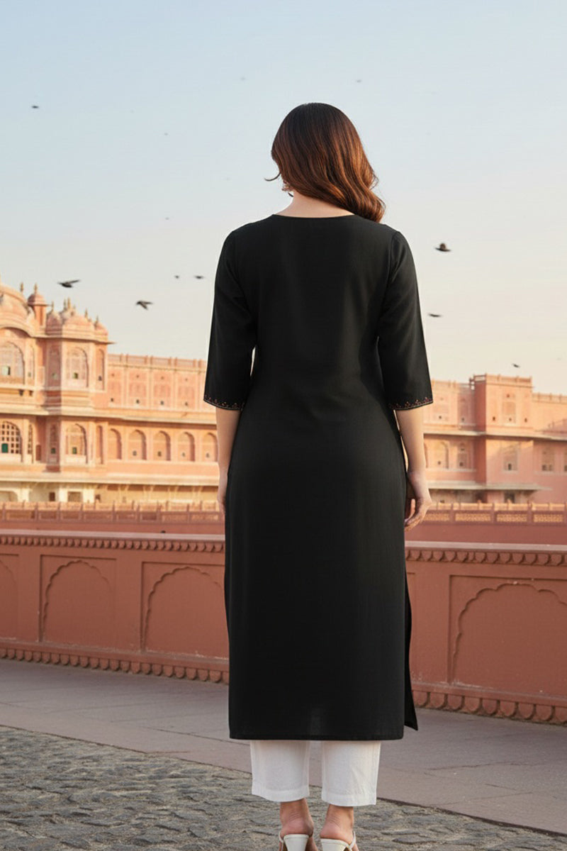 SRS Fashion Black Embroidered Rayon Straight Kurta Set