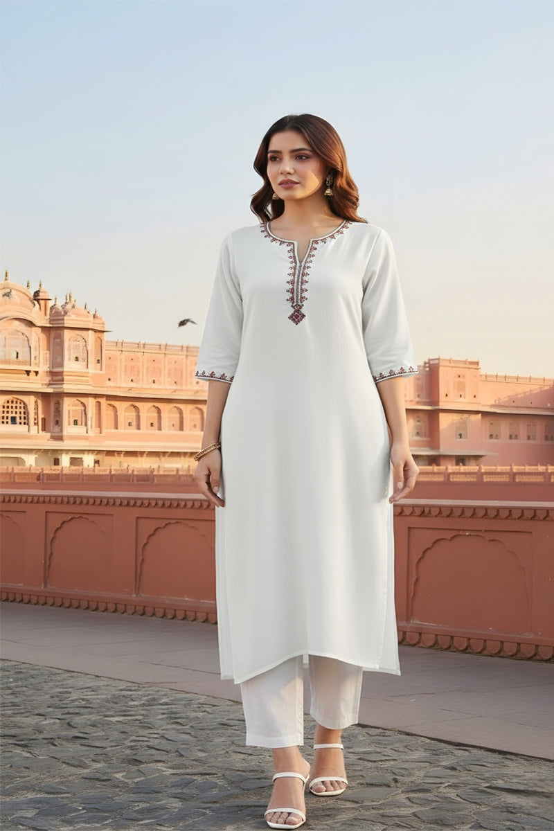 SRS Fashion White Embroidered Rayon Straight Kurta Set