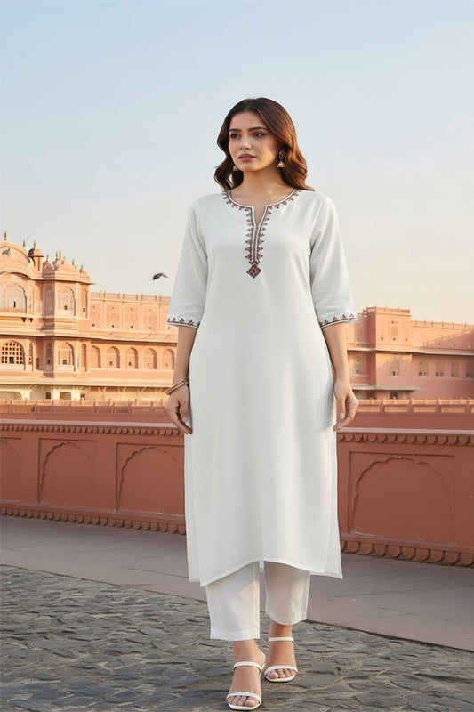 SRS Fashion White Embroidered Rayon Straight Kurta Set