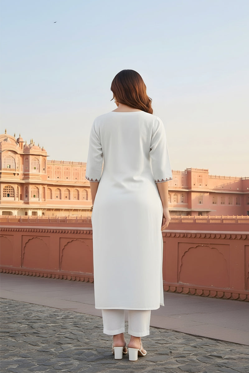 SRS Fashion White Embroidered Rayon Straight Kurta Set