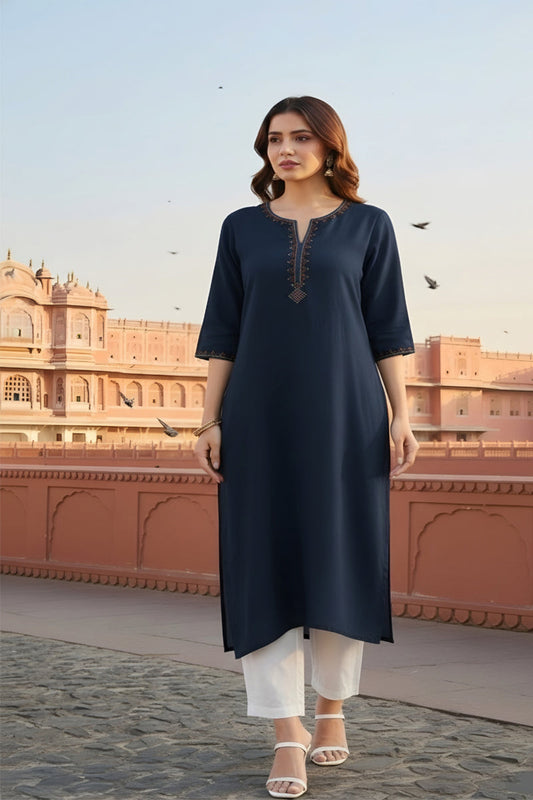 SRS Fashion Blue Embroidered Rayon Straight Kurta Set