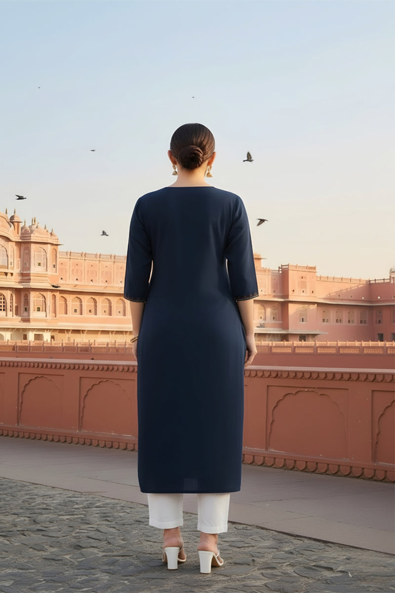 SRS Fashion Blue Embroidered Rayon Straight Kurta Set