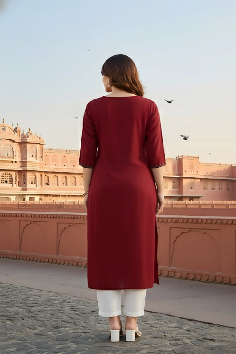 SRS Fashion Red Embroidered Rayon Straight Kurta Set