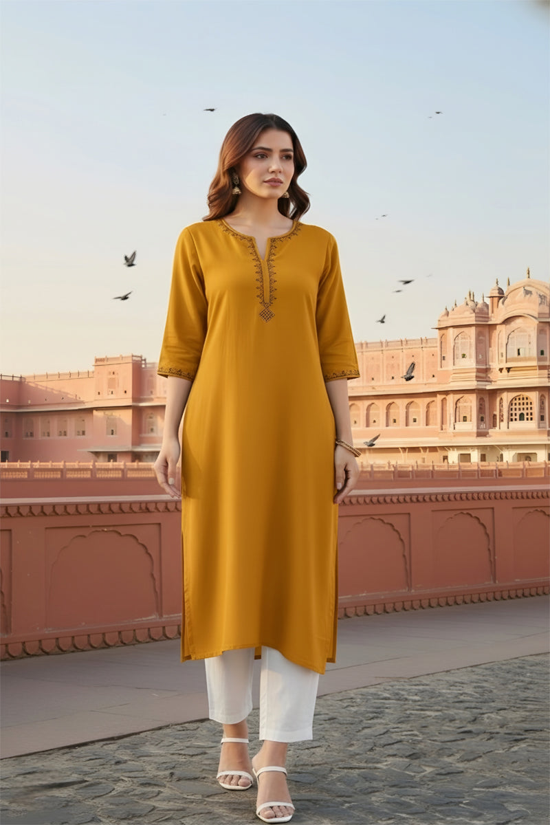 SRS Fashion Yellow Embroidered Rayon Straight Kurta Set