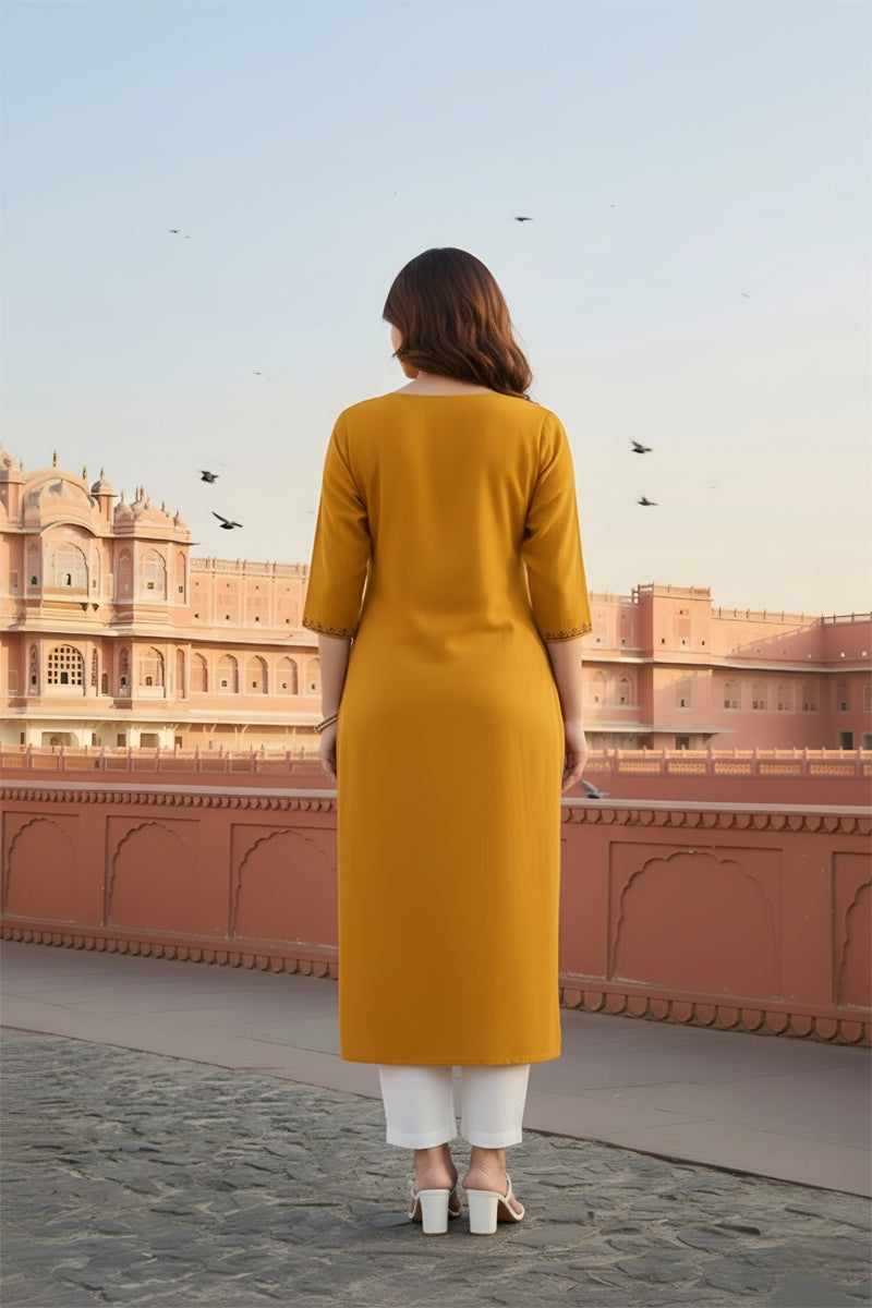 SRS Fashion Yellow Embroidered Rayon Straight Kurta Set