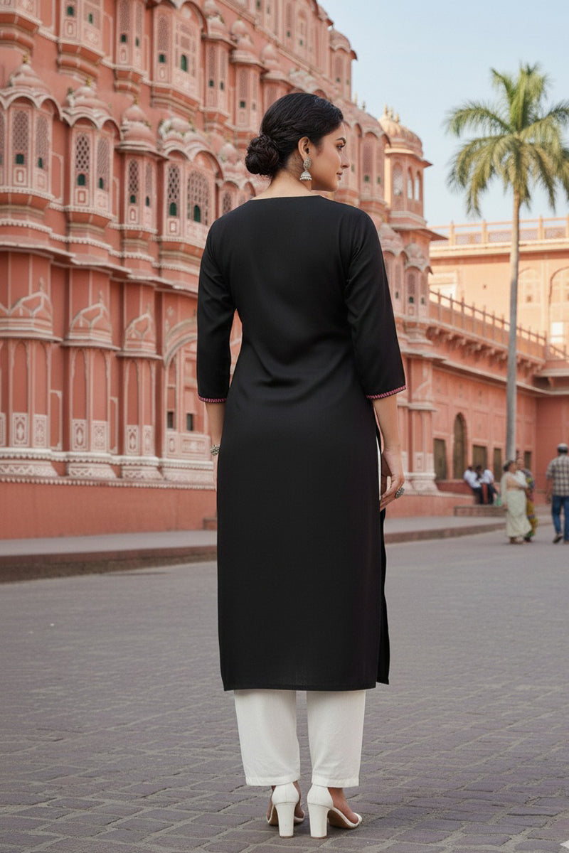 SRS Fashion Black Embroidered Rayon Straight Kurta Set