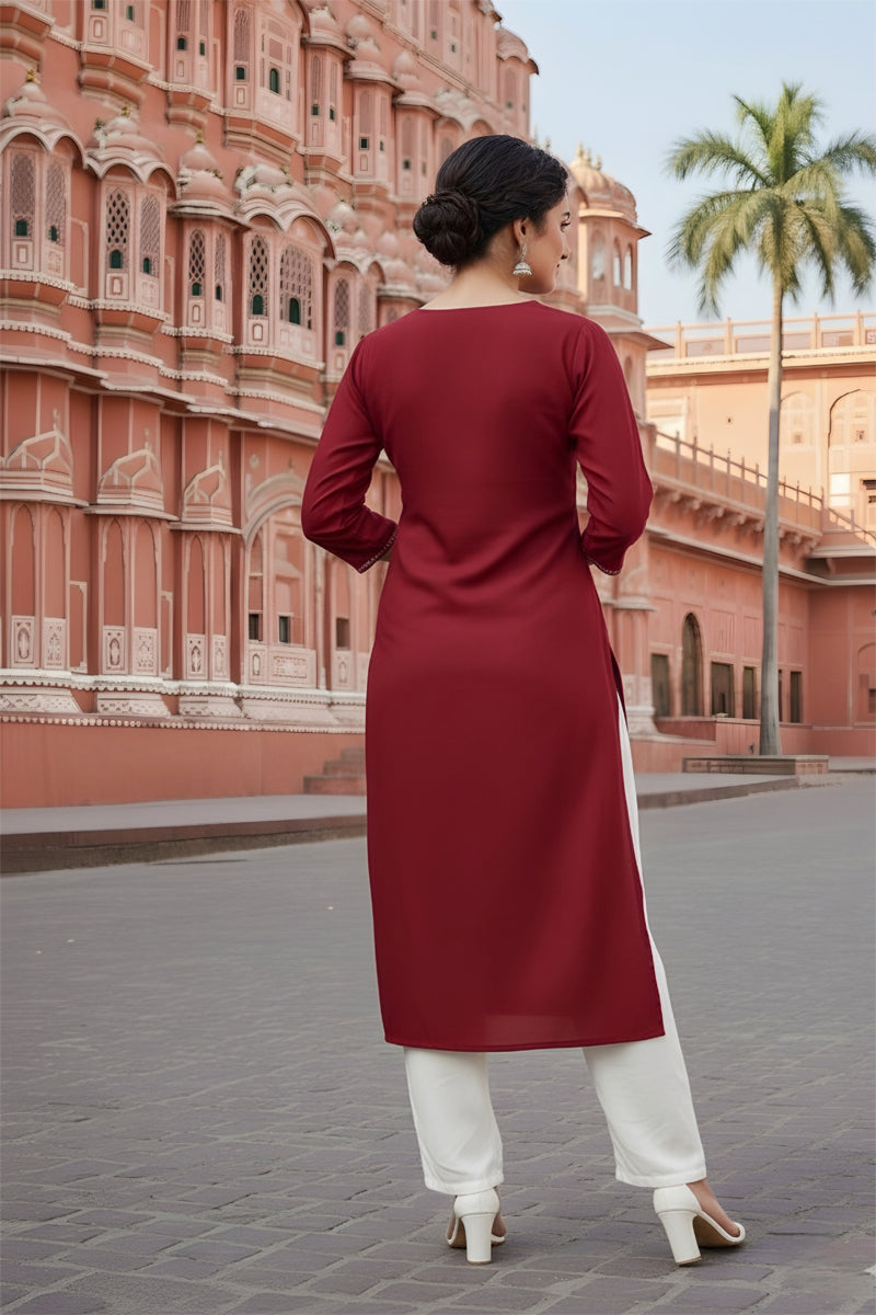 SRS Fashion Red Embroidered Rayon Straight Kurta Set