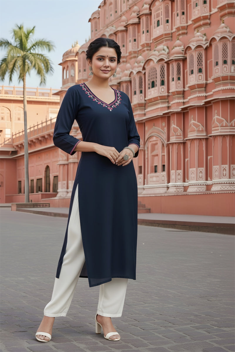 SRS Fashion Blue Embroidered Rayon Straight Kurta Set