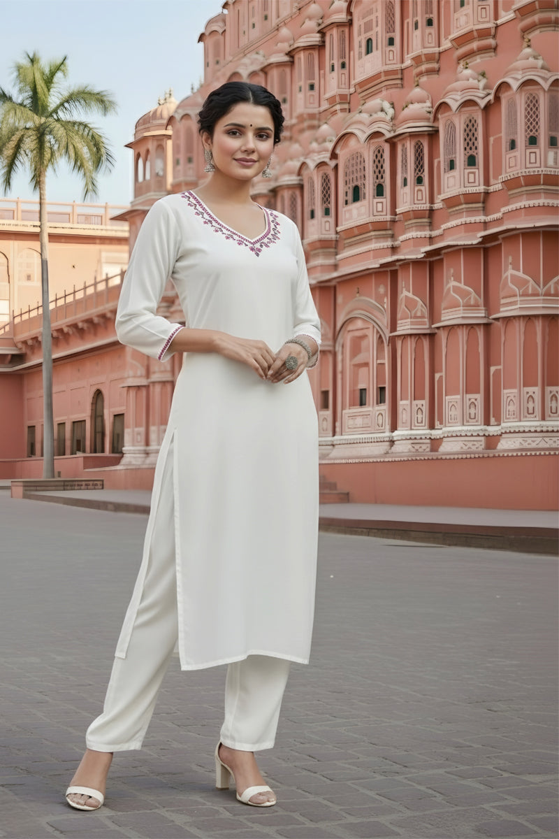 SRS Fashion White Embroidered Rayon Straight Kurta Set
