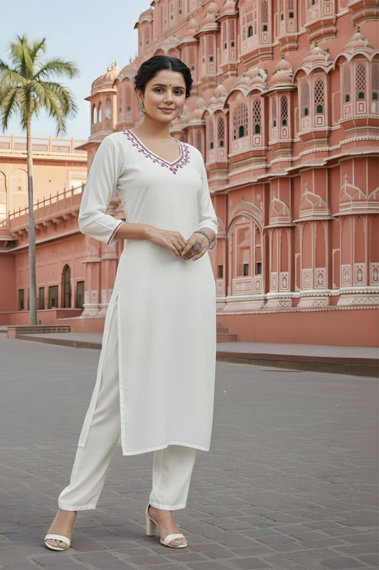 SRS Fashion White Embroidered Rayon Straight Kurta Set