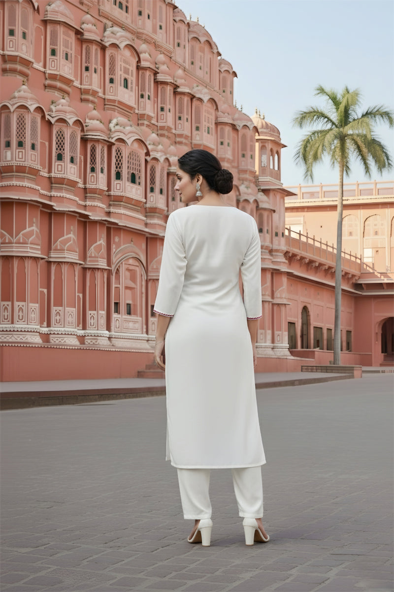SRS Fashion White Embroidered Rayon Straight Kurta Set