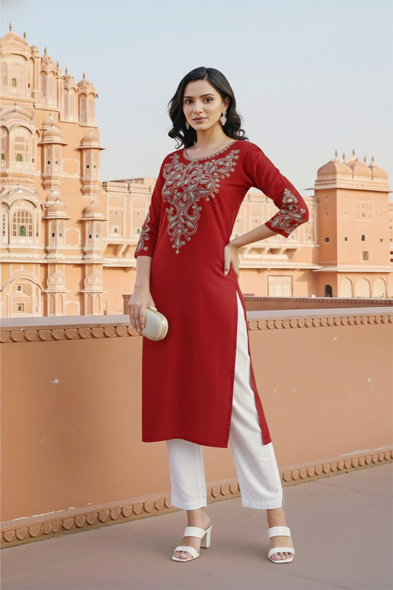 SRS Fashion Red Embroidered Rayon Straight Kurta Set