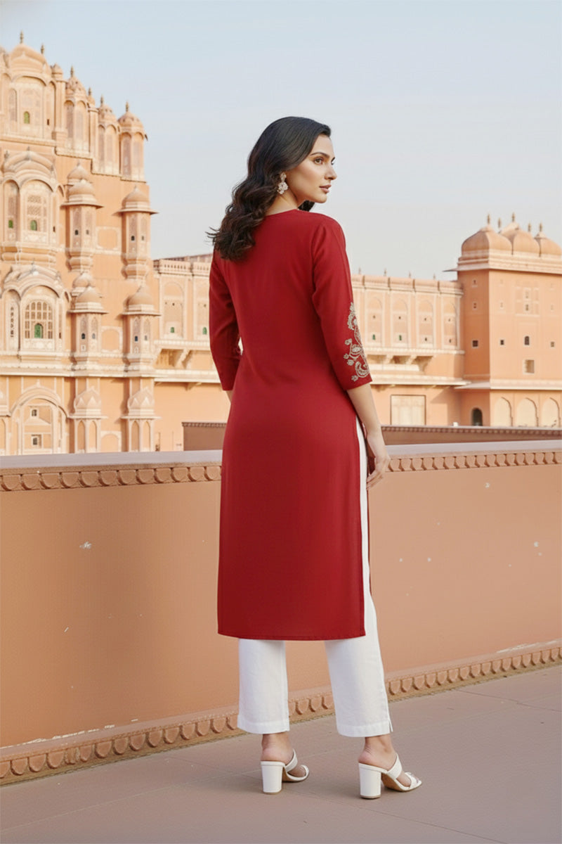 SRS Fashion Red Embroidered Rayon Straight Kurta Set