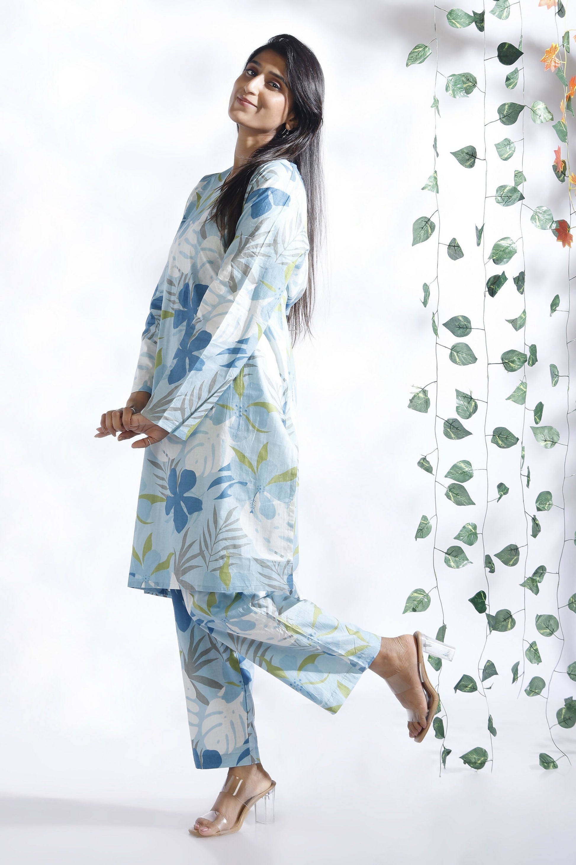 Breathables Blue Floral Print Cotton Long Kurta Co-Ord Set Cotton