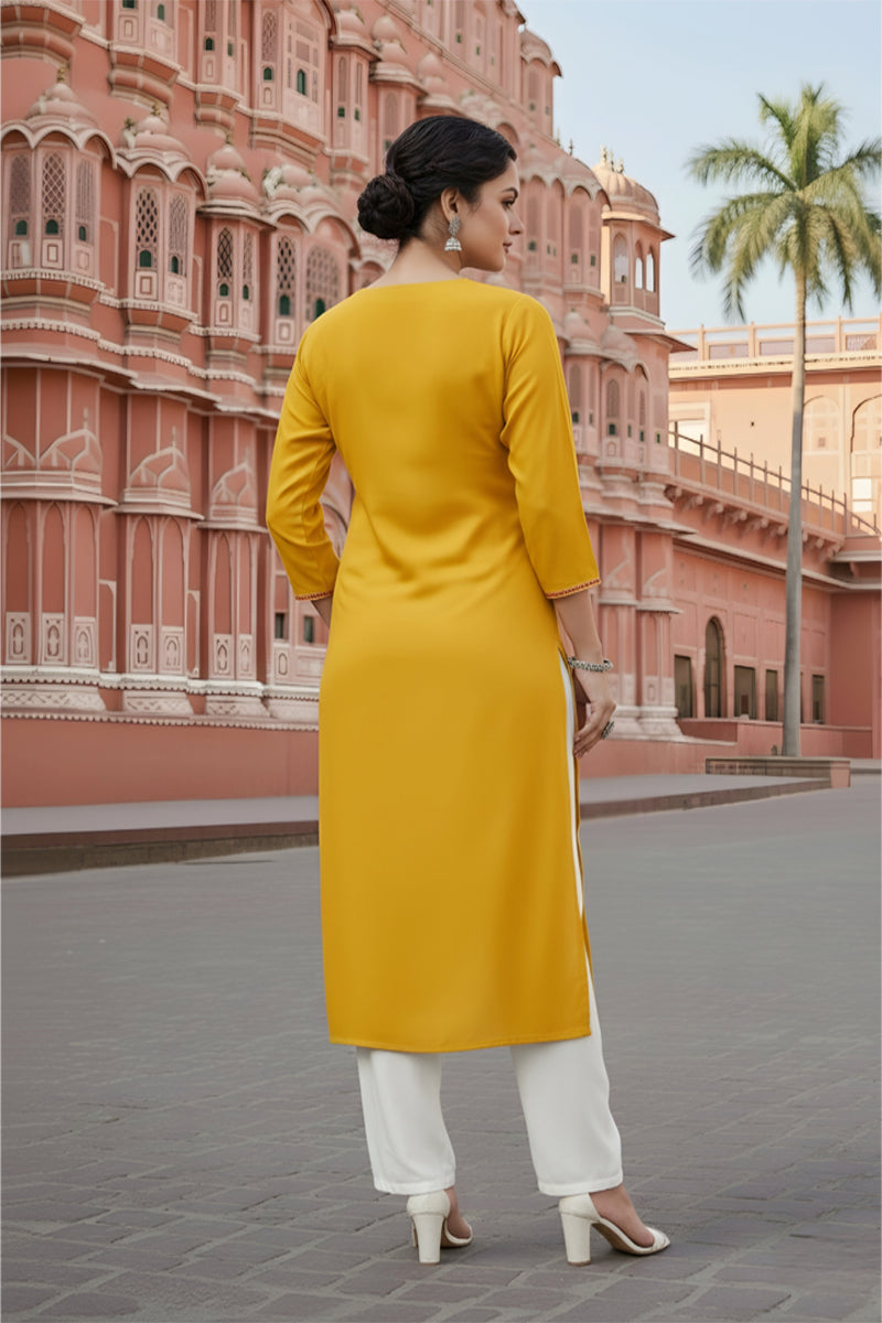 SRS Fashion Yellow Embroidered Rayon Straight Kurta Set