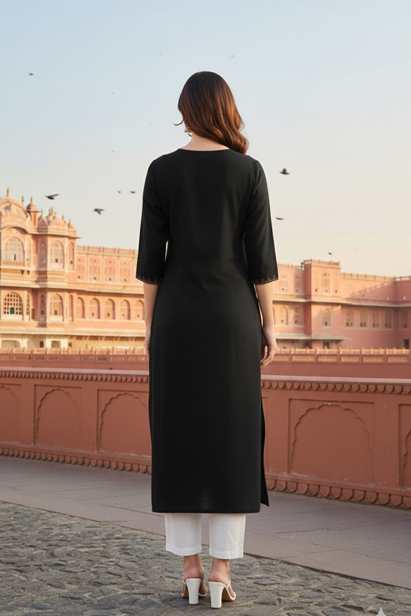 SRS Fashion Black Embroidered Rayon Straight Kurta Set
