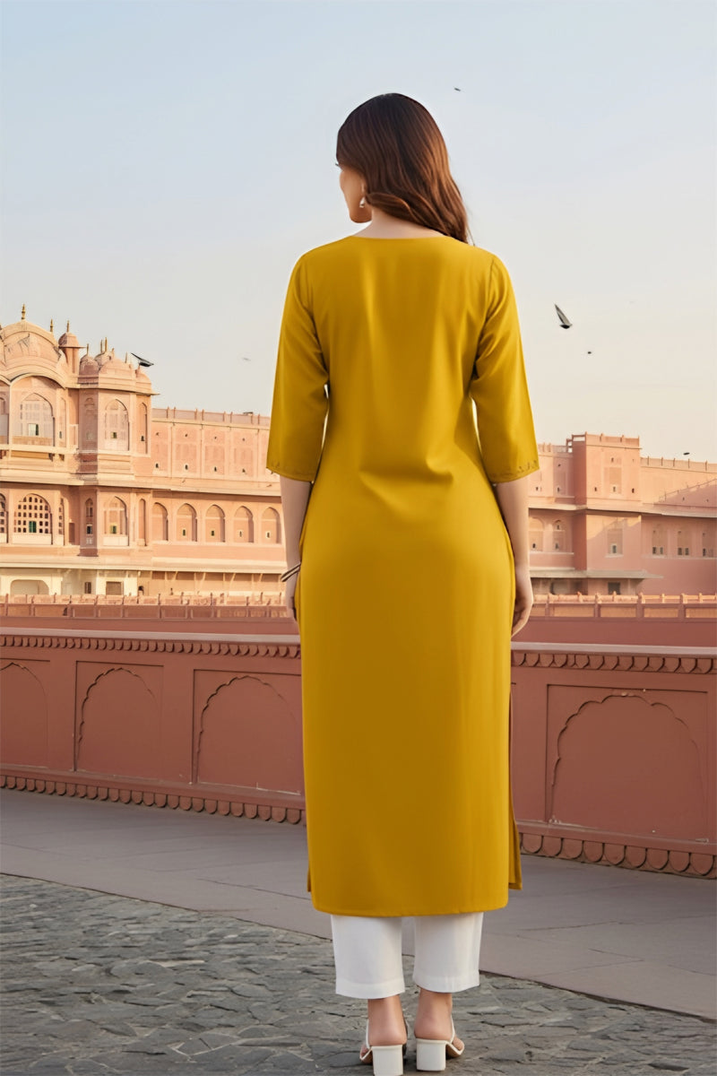 SRS Fashion Yellow Embroidered Rayon Straight Kurta Set